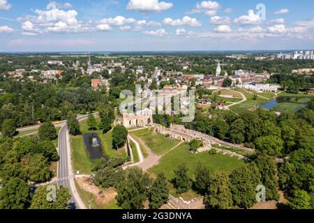 ruins of an ancient medieval castle Dobele Latvia, aerial top view Stock Photo