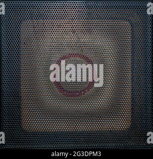 The texture of the black metal mesh of the speaker. Surface texture. Black color. Protective mesh. Acoustic speaker. Background image. Holes in the me Stock Photo