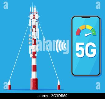 Mobile Smartphone and 5G Communication Tower. Stock Vector