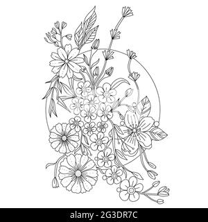 Outline doodle flowers in black and white for adult coloring books, monocrome floral vector pattern. Page of floral mandala. Stock Vector