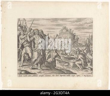 Solomon has the temple build; History of Solomon; Theatrum Biblicum (...). King Solomo Let the temple build in Jerusalem. He stands on the front floor with a scepter in his hand. In the background the construction site. Under the show a reference in Latin to the Bible text in 1. 6. Stock Photo