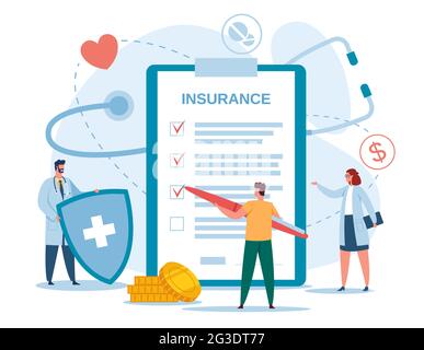 Health insurance. Doctor with shield and patient filling insurance documents. Health protection, medical services, healthcare vector concept. Character ticking boxes, emergency help Stock Vector
