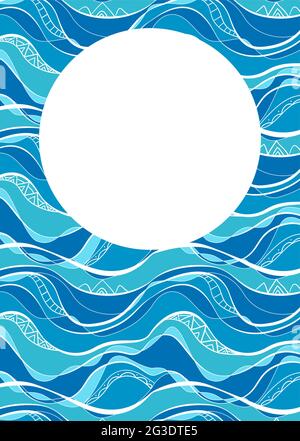 Vertical card with blue and turquoise waves with white tribal pattern and circle copy space. Vector template of the ocean surface. Round frame with se Stock Vector