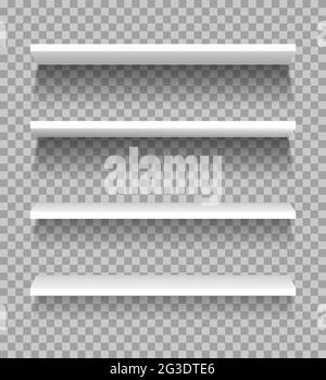 White shelves. Empty showcase display, product shelving for exhibitions. Realistic bookshelf rack, supermarket store shelf vector mockup. 3d furniture for selling products in retail shop Stock Vector