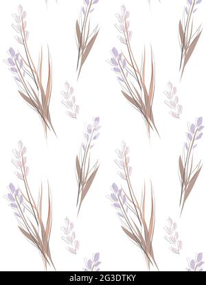 Delicate texture with bouquets of steppe flowers on a white background. Delicate floral texture. Natural fabric with irises sketch. Vector trendy wall Stock Vector
