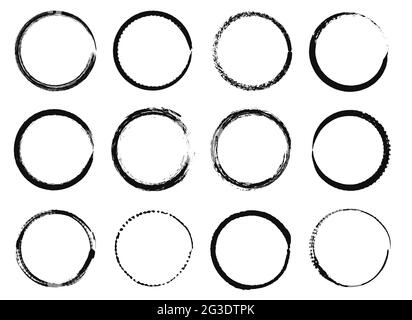 Grunge circle frames. Black ink brush round shapes, circular distress textured borders. Hand drawn grungy paint stroke circles vector set. Abstract thick and thin stripe elements isolated Stock Vector