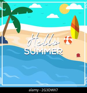 hello summer flat design background vector, beach party design illustration template Stock Vector