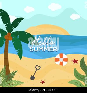 hello summer flat design, beach recreation design illustration template Stock Vector