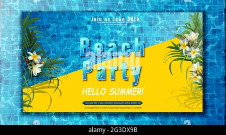 Vector summer party banner template. Pool party with exotic flowers. Stock Vector