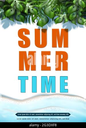 Vector summer sale banner template. with sea waves and tropical leaves. Stock Vector