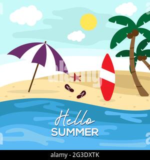 hello summer flat design, paradise beach design illustration template Stock Vector