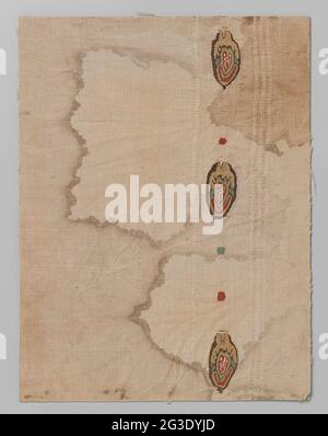 Tissue fragment in tapestry. Natural linen tissue fragment with three woven oval motifs with centrally on a red ground a white stylized plant motif, where around a yellow and green edge. At the top of curved lines in red and yellow, down irregularly shaped sheet motif in yellow. The completely annealed in brown. There are squares between these ovals; Two red and green. In addition to the ovals on the one hand, three lines can be seen in the linen tissue, on the other hand, one line by coherent inserts. Stock Photo