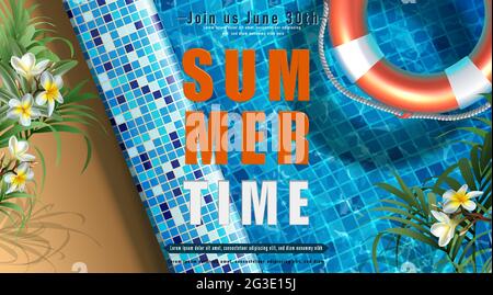 Vector summer sale banner template. Pool party with inflatable ring in the water. Stock Vector