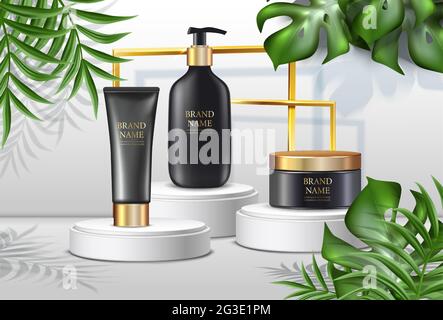 Vector summer cosmetics background, advertisement with palms ans black cream bottles with golden lids and sunshine spots and golden frame on white sta Stock Vector