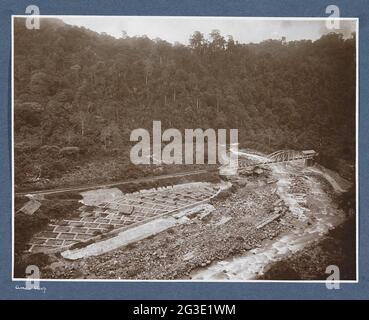 View of the Anaikoof on Sumatra with railroad, bridges and river. Part