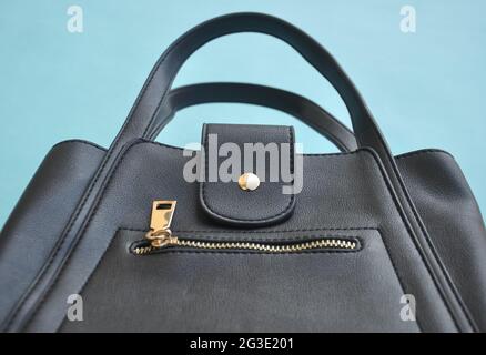 Low angle view of black color leather handbag Stock Photo
