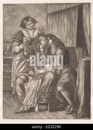 Old woman and young man. A young man kisses an old woman and simultaneously got money from her lap. The old woman has a glass in hand and let her foot rest on a stew. Behind the pair is a woman who makes the two ridiculous, by putting two fingers, as a donkey ears, behind the head of the old woman. Stock Photo