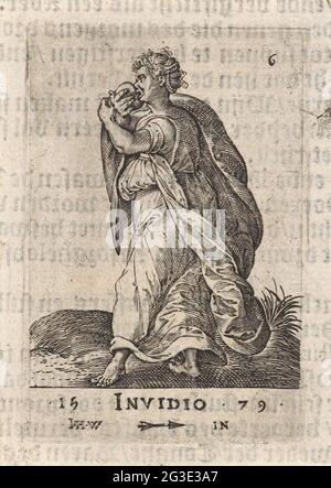 Envy; Seven deadly sins. Personification of envy. Woman sitting on a ...