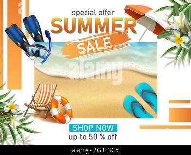 Summer sale banner, vector realistic template with diving mask, sunbed and sea. Stock Vector