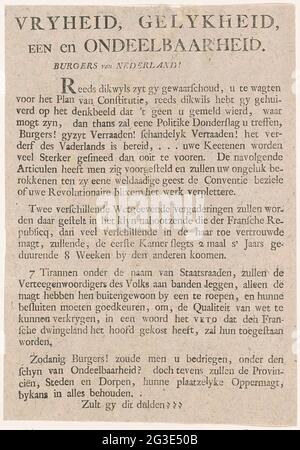 Warning against the state arrangement, 1798; Veryrity, gelkheid, an indivisibility. Text sheet with a warning to the citizens of the Netherlands against the new state arrangement adopted on May 19, 1798. Stock Photo