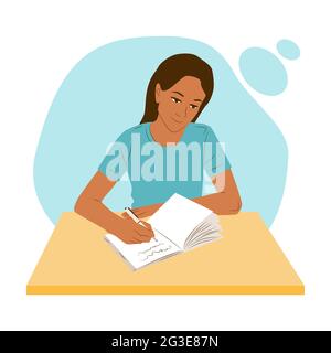 Woman sitting at a table or desk thinking and writes notes in her diary or journal. Girl work or study flat concept. Femal mental health practice with Stock Vector