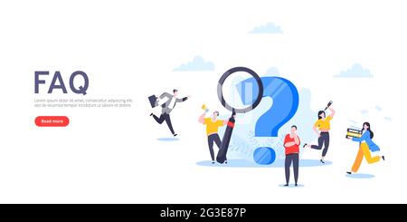 Q and A or FAQ concept with tiny people characters, big question mark, frequently asked questions template. Answers business support concept flat styl Stock Vector