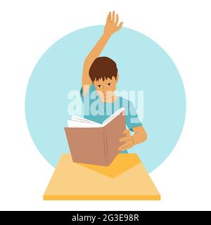 Young student sits at a desk and holds a book. School boy raises his hand up to give an answer. Clever pupil on lesson concept vector illustration Stock Vector