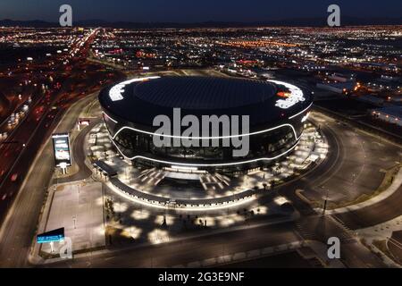 An aerial view of Allegiant Stadium, Monday, March 8, 2021, in Las Vegas. The stadium is the home of the Las Vegas Raiders and the UNLV Rebels. Stock Photo