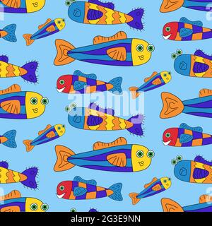 Colorful cartoon funny fish seamless vector pattern Stock Vector