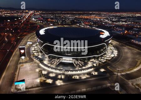 An aerial view of Allegiant Stadium, Monday, March 8, 2021, in Las Vegas. The stadium is the home of the Las Vegas Raiders and the UNLV Rebels. Stock Photo