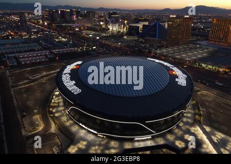 An aerial view of Allegiant Stadium, Monday, March 8, 2021, in Las Vegas. The stadium is the home of the Las Vegas Raiders and the UNLV Rebels. Stock Photo