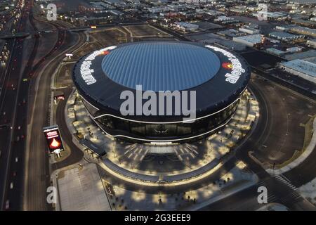 An aerial view of Allegiant Stadium, Monday, March 8, 2021, in Las Vegas. The stadium is the home of the Las Vegas Raiders and the UNLV Rebels. Stock Photo