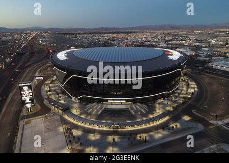 An aerial view of Allegiant Stadium, Monday, March 8, 2021, in Las Vegas. The stadium is the home of the Las Vegas Raiders and the UNLV Rebels. Stock Photo