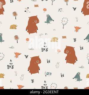 Seamless Pattern with Cute Animals in Autumn Forest Stock Vector