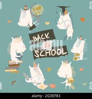 Happy Cartoon Unicorns going Back to School Stock Vector