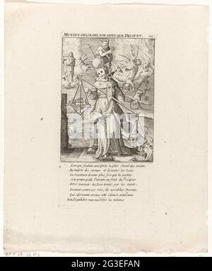 Foolishness of worldly goods; Mundus Delirans, Non Sapit, Quae dei Sunt; Brabant Review, 1787-1790. Allegory with masked woman world in narren suit. On her head there is a jester with scales in which the worldly goods weigh heavier than a crucifix and a code. Left a soul is lined to heaven, on the right deposit devils in hell. Numbered at the top right: 29. With verse of eight rules in French under the show. Part of a large group of prints related to the events of the Brabant Review and the period 1787-1790. Stock Photo