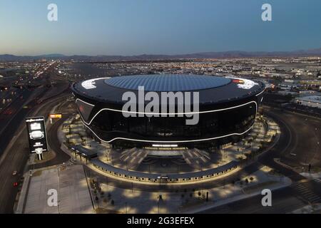 An aerial view of Allegiant Stadium, Monday, March 8, 2021, in Las Vegas. The stadium is the home of the Las Vegas Raiders and the UNLV Rebels. Stock Photo