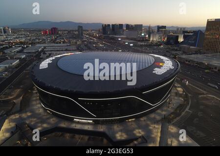 An aerial view of Allegiant Stadium, Monday, March 8, 2021, in Las Vegas. The stadium is the home of the Las Vegas Raiders and the UNLV Rebels. Stock Photo