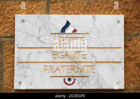 Liberty, Equality and Fraternity on a stone, the motto of the french revolution Stock Photo