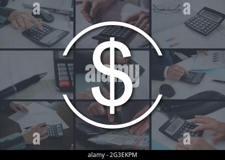 Banking concept illustrated by pictures on background Stock Photo