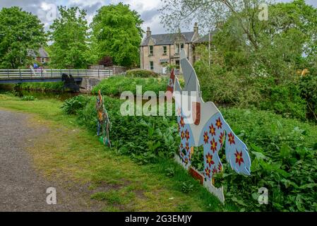 Decorated horse silhouettes for the virtual West Linton Whipman Festival in 2021. Scottish Borders. Stock Photo