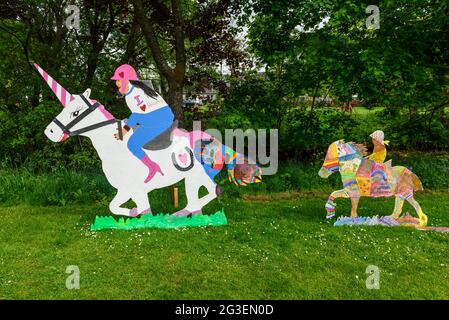 Decorated horse silhouettes for the virtual West Linton Whipman Festival in 2021. Scottish Borders. Stock Photo