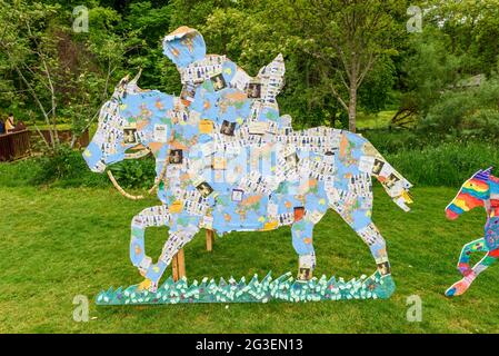 Decorated horse silhouettes for the virtual West Linton Whipman Festival in 2021. Scottish Borders. Stock Photo