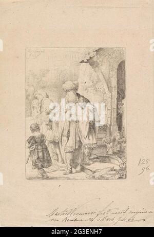 Abraham sprayed Hagar and Ismaël. Abraham sends Hagar and Ismaël away. Hagar covers her face. In the porch of the house is the smiling Sara with her son Isaac. Stock Photo