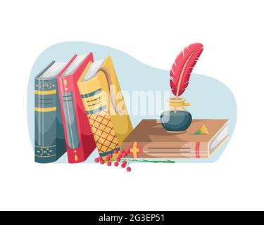 The books are on a table with an inkwell and a pen. Books in the interior. Education, reading. Stock Vector