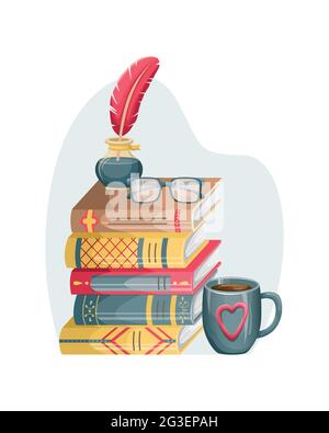A stack of books on the table with an inkwell with a pen, glasses, and a cup of coffee. Books in the interior. Education, reading. Stock Vector
