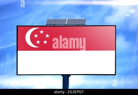 Billboard with Singapore flag and solar battery on blue sky background Stock Photo