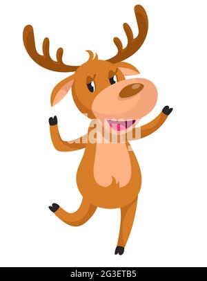 Dancing Christmas deer. Smiling character in cartoon style. Stock Vector