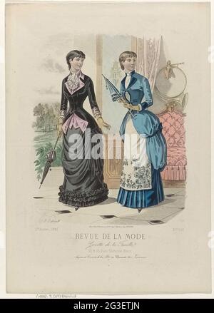 Revue de la Mode, Gazette de la Famille, Dimanche 27 AOUT 1882, 11th Année, No. 556: Jupons & Corsets de la M.on de Blument (...). Two women in an interior dressed in the shapes of Maison Blums, parasols in hand. A hunting horn on the wall. Under the image a rule advertising text for different products. Print from the floor magazine Revue de la Mode (1872-1913). Stock Photo