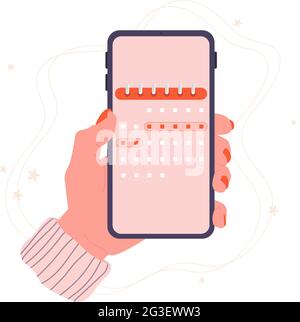 Menstrual cycle. Phone in hand with a calendar.  Stock Vector